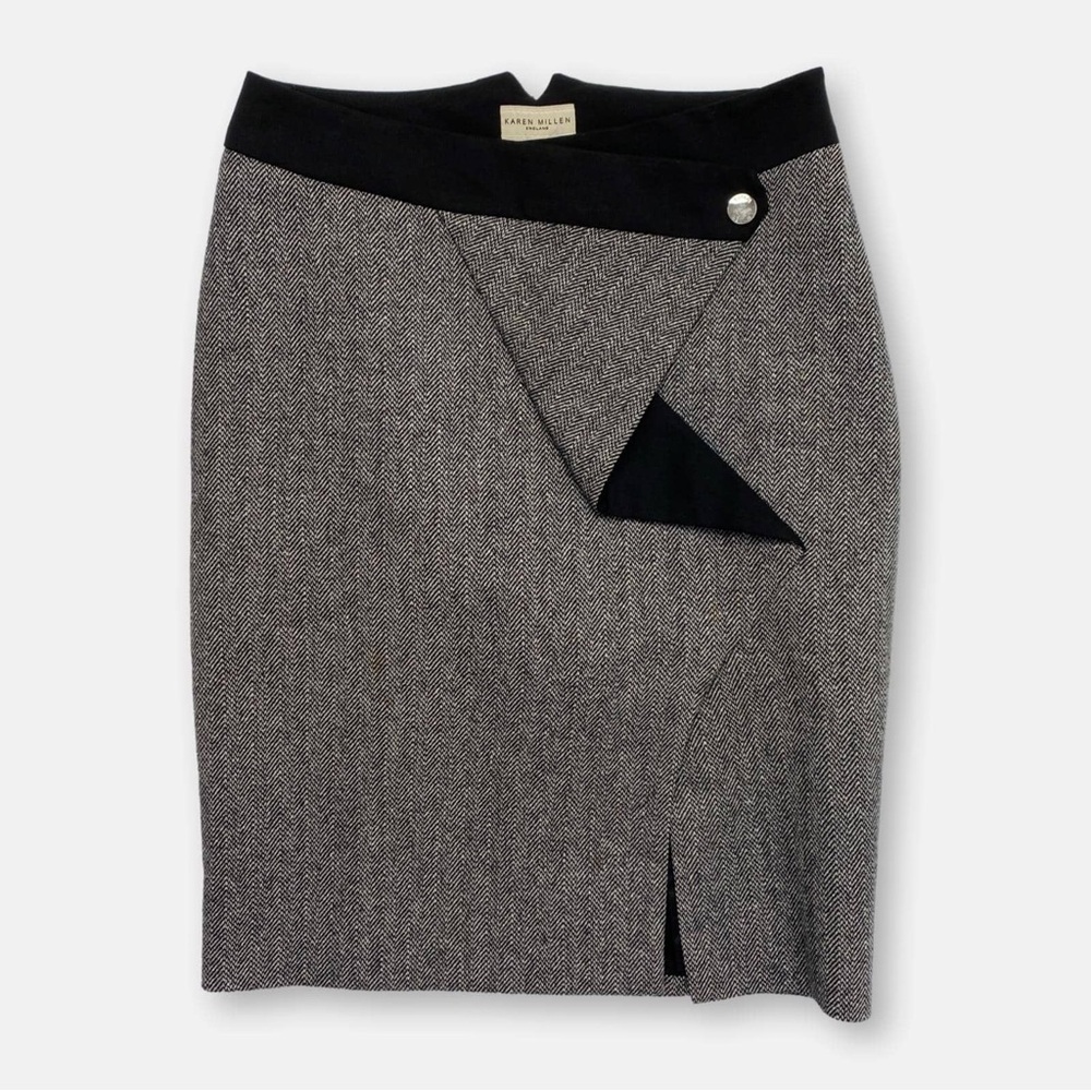 Karen Millen Wool/Silk Houndstooth Check Pencil Skirt